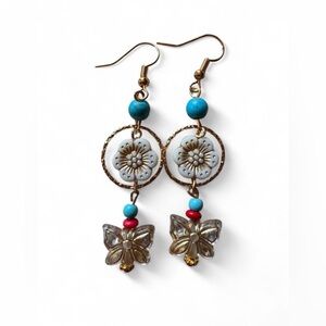 Boutique Handmade Whimsical Butterfly & Floral Hoop Dangle Earrings - Boho